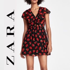 Zara Floral Flowing V Neck Ruffle Dress Red Black